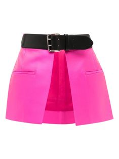 fuchsia pink adjustable fit belted waist two front flap pockets two rear welt pockets thigh-length High Waist Pink Mini Skirt With Pockets, Chic Mini Bottoms With Belt Loops, Chic Mini Length Bottoms With Belt Loops, Pink High Waist Skirt For Workwear, High Waist Pink Skirt For Work, Pink High Waist Skirt For Work, Pink Mini Length Bottoms With Pockets, Pink Mini-length Bottoms With Pockets, Pink Fitted Mini Skirt With Pockets