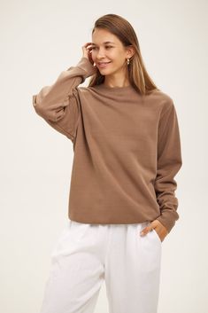 Crewneck Sweatshirt – BECASA Comfy French Terry Tops For Fall, Trendy Ribbed Neckline Sweatshirt For Loungewear, Trendy Soft-washed French Terry Sweatshirt, Oversized Tops With Ribbed Cuffs For Everyday, Comfy Sweatshirt With Ribbed Neckline For Loungewear, Everyday Drop Shoulder Sweatshirt With Ribbed Neckline, Comfy French Terry Sweats For Fall, Soft-washed Sweats For Everyday Fall Use, Relaxed French Terry Top For Fall