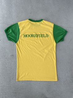 Medium 18" pit to pit 27" length two-tone yellow green Cotton polyester Retro Yellow T-shirt With Screen Print, Retro Green T-shirt With Screen Print, Retro Pre-shrunk Green T-shirt, Retro Green Pre-shrunk T-shirt, Mens T Shirts, Green Cotton, Mens T, Tee Shirts, T-shirt