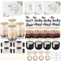 the package includes mason jars, napkins, and other items for making wedding favors