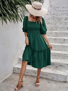 Olivia Mark - Womens Elegant Short Sleeve Solid Color Pleated Polka Dot Maxi Dress with Square Neckline Polka Dot Maxi Dress, Dress With Square Neckline, Princess Sleeves, Polka Dot Maxi Dresses, Brown Outfit, Round Neck Dresses, Square Necklines, Smock Dress, Cover Up Dress