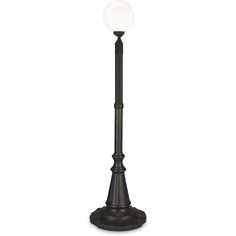 a black lamp post with a white ball on it's top and an iron base