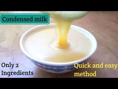 a spoon pouring liquid into a bowl with the words condenseed milk on it