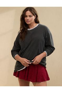 Ultra soft & cozy distressed fabric with a cool wash/Crew neckline/Raw hems (because the little things matter!)/Split side seams/Accessibility deets: over-the-head access and tagless label to minimize irritation & maximize comfort! Crew Neck Top With Frayed Hem, Crew Neck Tops With Frayed Hem For Layering, Distressed Tops For Layering With Relaxed Fit, Relaxed Fit T-shirt With Frayed Hem For Fall, Fall Acid Wash Top With Frayed Hem, Grunge Tops For Fall Layering, Grunge Tops For Layering In Fall, Grunge Crew Neck Top With Frayed Hem, Soft-washed T-shirt For Layering In Fall