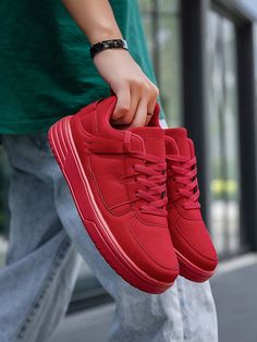 Men's Fashionable Red Skateboarding Shoes With Front Tie, High Sole Breathable Comfortable Sneakers For Casual And Outdoor Activities, Suitable For Teenagers And Couples Red     Colorblock,Plain    Men Shoes, size features are:Bust: ,Length: ,Sleeve Length: Comfortable Red Low-top Sneakers, Comfortable Red Lace-up Sneakers, Trendy Red Round Toe Skate Shoes, Red Breathable Flat Sneakers, Comfortable Flat Red Sneakers, Comfortable Red Sneakers, Comfortable Red Flat Sneakers, Flat Heel Sneakers For Streetwear In Winter, Comfortable Red Sneakers With Round Toe