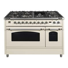 ILVE - Ranges - UPN120FDMPAXNG - Nostalgie series 48 inch freestanding dual fuel range with natural gas, 7 sealed brass burners, double ovens, 4.99 cu. ft. total oven capacity, griddle, convection oven, continuous grates, viewing window, storage drawer, dual function triple ring burner, true European convection, oven: defrost function, 220 volts, gas conversion kit included, interchangeable griddle with burner grate .Material: Stainless steel metal; Finish: Antique white, chrome; Handcrafted in Italy; Electronic ignition system; Self clean mode for oven (self clean panel - sold separately); Electric rotisserie. Specifications:Product Dimensions: 39.57""H x 47.24""W x 23.62""D; Product Weight: 344 lbs. 1938 House, Gas Range Double Oven, Window Storage, Ilve Range, Freestanding Range, Curio Cabinet Decor, Door Grill, Bean Bag Living Room, Double Ovens