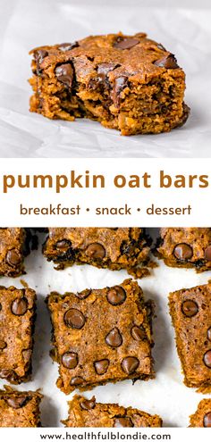 pumpkin oat bars stacked on top of each other with chocolate chips in the middle