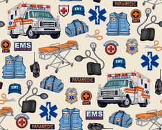 Fabric is priced by the 1/2 yard and will be left continuous (for example if you order 3 you'd get a 1.5 yard cut of fabric.) 100% Cotton Woven 43/44" wide. Emt Paramedic, Decorating Videos, Cat Quilt, Craft Sewing, Medical Equipment, Paramedic, Printed Quilt, Emergency Medical, Ambulance