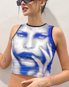 Details: Tank top with human face graphical print designTop Length: CroppedSleeve Length: SleevelessMaterials:95% Polyester + 5% Spandex Vintage Face, Graphic Crop Top, Face Print, Sleeveless Tee, Crop Tank Top, Human Face, Crop Top Blouse, Y2k Streetwear, Grunge Fashion