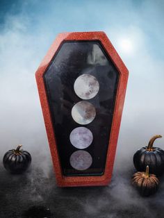 a display case with four different moon phases in it, surrounded by small pumpkins