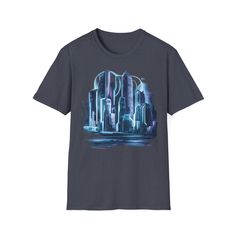 Futuristic t-shirt design featuring a cyberpunk cityscape with neon lights and holographic effects. Vibrant high-tech look using colors like light blue violet and white. Unisex Softstyle T-Shirt perfect for sci-fi and tech enthusiasts. See more items from this section here - https://www.etsy.com/shop/TerminatorproductArt?ref=seller-platform-mcnav&section_id=48632343 See the rest of my store here - https://www.etsy.com/shop/TerminatorproductArt?ref=seller-platform-mcnav The unisex soft-style t-shirt puts a new spin on casual comfort. Made from very soft materials, this tee is 100% cotton for solid colors. Heather colors and sports grey include polyester. The shoulders have twill tape for improved durability. There are no side seams. The collar is made with ribbed knitting to prevent curling Cyberpunk Crew Neck T-shirt With Graphic Print, Cyberpunk Graphic Print Crew Neck T-shirt, Cyberpunk Graphic Print Short Sleeve Tops, Cyberpunk Short Sleeve Tops With Graphic Print, Cyberpunk Cityscape, Neon Design, Blue Violet, Neon Lights, Soft Style