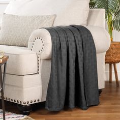 a living room with a couch and chair covered in a gray throw blanket next to a potted plant