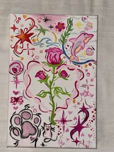 a painting with flowers and animals on it