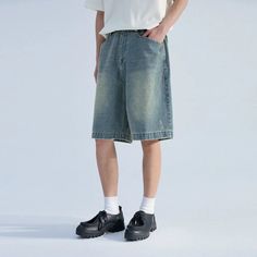 Denim Shorts with Faded Knees - chiclara Casual Mid-rise Faded Bottoms, Casual Jeans With Built-in Shorts For Streetwear, Summer Wide Leg Casual Jeans, Relaxed Fit Wide Leg Jeans With Built-in Shorts, Casual Cotton Bottoms For Summer, Casual Cotton Summer Bottoms, Casual Summer Cotton Bottoms, Baggy Light Wash Summer Bottoms, Summer Light Wash Baggy Bottoms