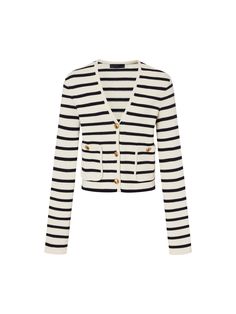 MO&Co. Women's Wool Blend Striped Cardigan Made with a blend of fine wool, this short-cut cardigan features a classic striped design that exudes sophistication. Perfect for layering in the spring, it will keep you looking chic and feeling cozy all season long. Features : - Regular cropped fit- Delicate metal buttons, front pocket- Classic stripes design Code: MBD1CAR016The back length of size S is 50.5cmMATERIALS & CARE Material: 68.4% Wool 31.6% PolyesterWrap metal parts before dry cleaning.REM Chic Striped Sweater For Spring, Chic Fall Sweater With Contrast Stripes, Chic Long Sleeve Sweater With Contrast Stripes, Chic Striped Cardigan For Spring, Classic Striped Winter Cardigan, Winter Striped Cardigan, Long Sleeve Sweater With Contrast Stripes For Work, Long Sleeve Striped Sweater For Work, Chic Striped Fitted Sweater