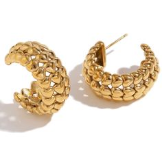 Add a unique and fun touch to your outfit with our 18K 3 Layer Hearts Large Hoops. Crafted from hypoallergenic surgical stainless steel and finished in 18K PVD gold, these chunky wide hoops feature adorable heart details. Non-tarnishing and waterproof, these hoops are both stylish and practical. Crystal Ear Cuff, Weekend Brunch, Vacation Style, Everyday Earrings, Wedding Night, Bridal Shop, Pearl Studs, Wedding Looks, Ear Cuff