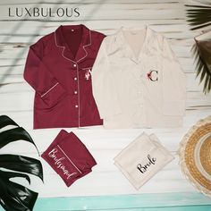 three personalized pajamas and two hats on a white background with palm leaves in the foreground