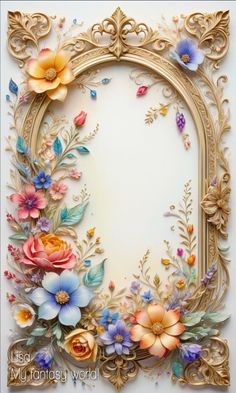 an ornate gold frame with flowers and leaves on the edges is painted in pastel colors