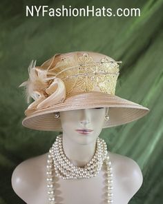 "Ladies Classic Champagne Beige Custom Made Big Brim Satin Formal Embroidered Designer Fashion Hat. This Elegant Dress Hat Is Embellished With A Satin Decorative Bow Embossed With Delicate Small Acrylic Rhinestones Throughout The Bow. Delicate Rooster Hackle Feathers Are Placed Within The Bow. Two Satin Extensions Embedded With Rhinestone Are Added To This Haute Couture Hat For A High Fashion Look. An Embroidered Banana Beige Colored Decorative Wide Trim Is Placed Around The Crown Of This Beauti Braided Dress, Bespoke Hats, Large Brim Hat, Veiled Hats, Formal Occasion Dress, Luxury Hats, Beige Hat, Couture Hats, Bride Hat