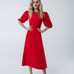 Fabric: Crepe Viscose 50%, Polyester 40%, Elastane 10% Round neckline Puff sleeves Short sleeves Zipper on back Midi length Puff Sleeve Midi Dress, Puff Sleeve Dresses, Crop Top Shirts, Sleeve Midi Dress, Dress Suits, Blazer Dress, Dress First, Puff Sleeves, Midi Length