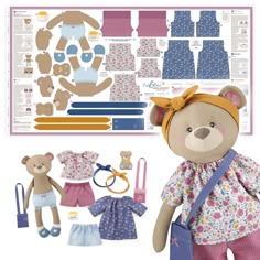 a teddy bear with clothes and accessories for it's doll making project on a white background