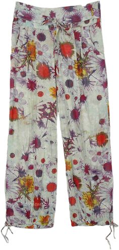 These lightweight, straight-fit pants are crafted from a sheer cotton fabric, perfect for a comfortable and breathable feel in warm weather.  They feature a vibrant floral print in red, yellow, and purple hues set against a pale background, lending a colorful bohemian vibe. #tlb #SplitSkirtsPants #Misses #Pocket #beachwrap #SheerPants #BeachPants #PoolPants Floral Print Cotton Bottoms, Patterned Cotton Bottoms With Floral Print, Cotton Floral Print Patterned Bottoms, Patterned Floral Print Cotton Pants, Summer Floral Print Patterned Bottoms, Spring Patterned Loungewear Pants, Casual Multicolor Floral Print Pants, Patterned Pants With Elastic Waistband For Spring, Spring Patterned Bottoms With Relaxed Fit