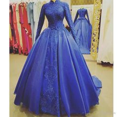 Royal Blue Modest Special Occasion Dresses Long Evening Special Occasion Dresses Long, Blue Gown Dress, High Neck Evening Dress, Blue Lace Prom Dress, Gown Pictures, Robes D'occasion, Dresses Satin, Satin Evening Dresses, Wedding Dress Chiffon