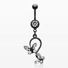 a black belly ring with blue crystals on the bottom and butterfly dangling from it's side