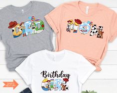 Birthday Boy Or Girl T Shirt, Toy Story Birthday Shirt, Toy Story Family Birthday, Retro Toy Story, Family Shirt Novelty Cartoon Print T-shirt For Birthday, Toy Story Three Birthday, 3rd Birthday Toy Story Theme, Toy Story 3rd Birthday Party Ideas, Toy Story Shirt Ideas, Toy Story Third Birthday, Toy Story 2nd Birthday Boys, Toy Story Birthday Shirts, Toy Story Family Shirts