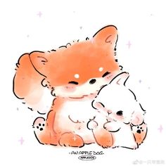 an orange fox and her baby are cuddling in front of the white background with stars