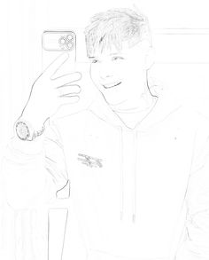 a drawing of a man taking a selfie with his cell phone in front of him