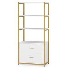 a white and gold shelving unit with two drawers