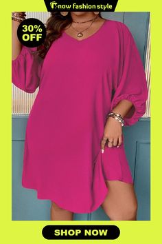 knowfashionstyle Casual Solid Basic V Neck Long Sleeve Plus Size Dresses Oversized V-neck Solid Color Dress, Oversized Solid Color V-neck Dress, Solid Color Mini Dress For Fall Vacation, Fall Vacation Mini Dress In Solid Color, Oversized Solid Color Vacation Dresses, Oversized Solid Color Dress For Vacation, Fashion Gallery, Wholesale Fashion, Plus Size Dresses