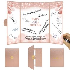 a hand holding a pen and writing on a pink birthday card with the words happy forty