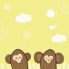 two monkeys sitting next to each other on top of a grass covered field with sun and clouds in the background