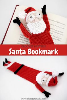 crocheted santa bookmark is laying on top of an open book with the title