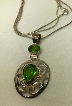 "All sterling, the chain is 24\" long. Beautiful!" Green Pendant Jewelry With Silver Chain, Sterling Silver Necklace With Large Green Stone, Green Metal Jewelry With Large Pendant, Green Large Pendant Metal Jewelry, Coin Bracelet, Red Tigers Eye, Ruby Pendant, Pretty Necklaces, Green Quartz