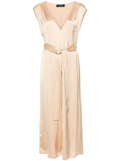 peach pink satin finish ball chain detailing at the seams V-neck drop shoulder sleeveless detachable and adjustable waist belt flared straight long-length hem Peach Pink, Pink Satin, Dress Pink, Ball Chain, Belted Dress, Long Length, Waist Belt, Satin Finish, Drop Shoulder