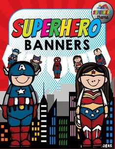 superhero banner with two children in the background