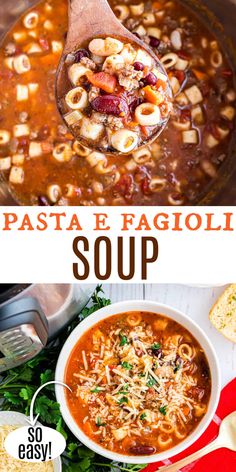 pasta e fagioli soup in a bowl with spoon and bread on the side