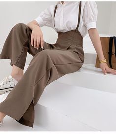 Spaghetti Strap Split Wide Leg High Waist Brown Pants Dark Academia Summer Outfit, Academia Summer Outfit, Dark Academia Summer, Wide Leg Jumpsuit Outfit, Dark Light Academia, Preppy Aesthetic Outfits, Academia Aesthetic Outfit, Academia Clothing, Dark Academia Clothes