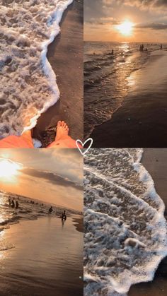 three pictures of people walking on the beach at sunset and one has their feet in the water