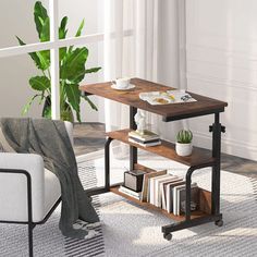 a living room with a couch, coffee table and potted plant in the corner