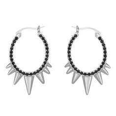 Statement spiked hoop earrings feature stone detail on both sides so you’ll never go unnoticed. Available in 3 colors, these earrings are sure to add some attitude to any outfit while being lightweight and comfortable for everyday wear. Edgy Metal Hoop Earrings, Edgy Silver Studs Jewelry, Edgy Metal Hoop Earrings For Party, Punk Metal Hoop Earrings, Trendy Metal Stud Jewelry, Trendy Black Stud Jewelry, Trendy Black Studded Jewelry, Edgy Metal Earrings With Spikes, Black Punk Hoop Earrings