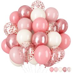 a bunch of pink and white balloons with confetti on the bottom one balloon