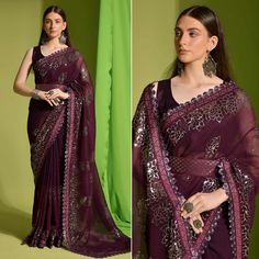 Wine colored saree is made from georgette fabric which is highlighted with beautiful sequins embroidered work as shown. comes along unstitched mono banglori blouse which you can customise as per your design/style. Occasion - You can wear this saree for party and functions. Note:- The actual product may differ slightly in color and design from the one illustrated in the images when compared with computer or mobile screen. Measurements: Saree : Georgette : 5.5 Mtrs Blouse : Georgette : 0.8 Mtr Mat Traditional Georgette Pre-draped Saree With Sequins, Semi-stitched Sequin Chanderi Pre-draped Saree, Semi-stitched Chanderi Pre-draped Saree With Sequins, Embroidered Purple Georgette Pre-draped Saree, Navratri Georgette Pre-draped Saree With Mirror Work, Purple Pre-draped Saree With Mirror Work For Navratri, Navratri Purple Pre-draped Saree With Mirror Work, Purple Embroidered Georgette Fabric Saree, Pre-draped Purple Saree With Mirror Work