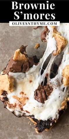 a piece of brownie s'mores on top of a table with the title above it