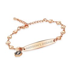 MATERIAL: 316L Stainless Steel With Rose Gold Vacuum ion plating, 100% Nickel Free, Hypoallergenic,waterproof,,Exquisite heart chain+small barrel-shaped Medical id plate ,weight:0.25oz,The lightweight design is suitable for any occasion. It is an all-weather ladies medical id bracelets A 37 * 7mm Medical id tag Can customize engraving your medical condition, a mini hexagonal charm with a Black enamel medical id symbol hang on the left side of the id tags,Conspicuous, high identification SIZE:bra Hypoallergenic Rose Gold Name Bracelet, Hypoallergenic Rose Gold Metal Bracelet, Rose Gold Fashion, Medical Id Bracelets, Medical Jewelry, Medic Alert Bracelets, Medical Bracelet, Id Wallet, Medical Alert