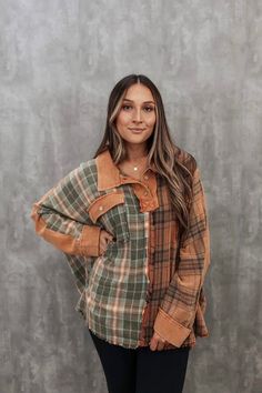 Pumpkin Spice Mixed Plaid Oversized Top in Rust  Get ready for autumn with our playful Pumpkin Spice Mix Plaid Oversized Top in Rust! This quirky piece features a unique mix of plaid patterns, perfect for adding a touch of fun to your fall wardrobe. Its oversized fit offers both comfort and style, making it the perfect choice for any occasion. (Pumpkin spice not included!) Washed waffle/flannel two button top 100% cotton Rust/sage Sizing: ONE SIZE (S/M) fits most up to size 12 ONE SIZE PLUS (M/L)  fits most up to size 20 Shop all your favs + all the new at shoppoppyandseed.com + receive 15% off your first order! ❤ Return Policy: Even Exchange or Store Credit only within 7 days of delivery Casual Plaid Patchwork Outerwear, Casual Plaid Patchwork Tops, Fall Brown Patchwork Tops, Fall Plaid Patchwork Outerwear, Brown Patchwork Top For Fall, Plaid Patchwork Outerwear For Fall, Oversized Flannel Tops For Fall, Oversized Patchwork Tops For Fall, Fall Plaid Flannel Tops