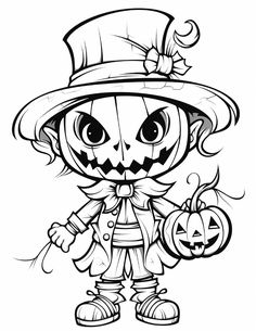 a cute little pumpkin girl in a top hat holding a jack - o'lantern